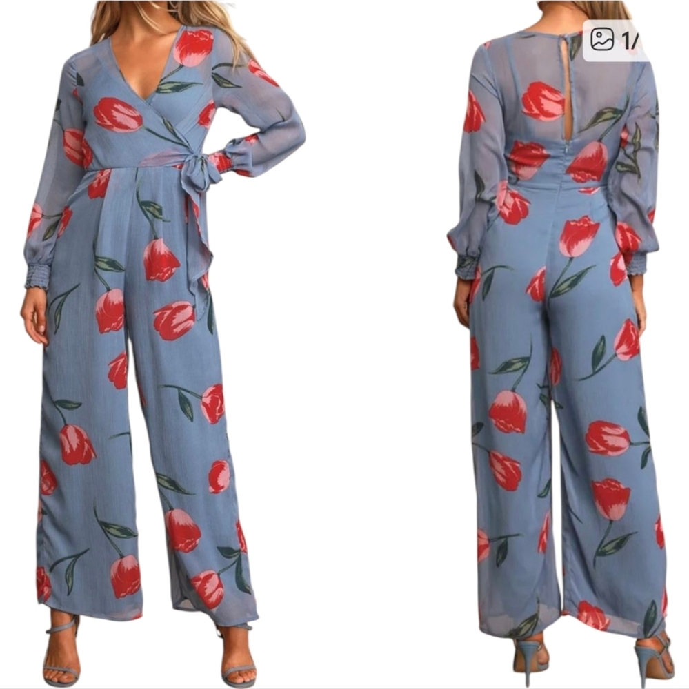 Lulus Chiffon Jumpsuit Wide Leg Floral Tulip As Time Grows By Retro Lounge XS